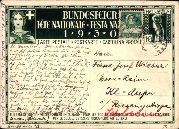 KP artystyczna z papeterii pocztowej Verneuil, poseł, Szwajcarski Dzień Federalny 1930