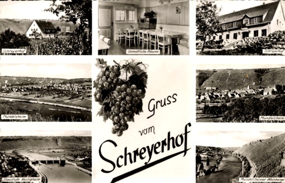 Postcard Besigheim am Neckar Württemberg, Restaurant Schreyerhof, Mundelsheim, vineyards, dam