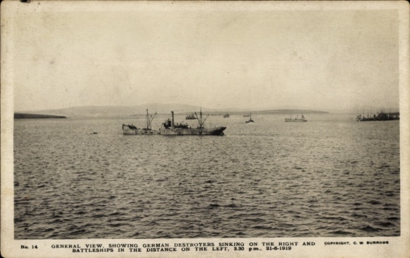 Postcard Sea Battle, German destroyers sinking, Battleships, sinking German destroyers