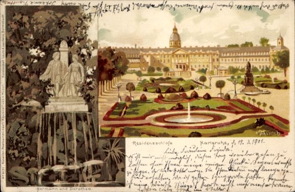 Artist Chromo-Litho Münch, Karlsruhe in Baden, Residenzschloss, Hermann and Dorothee