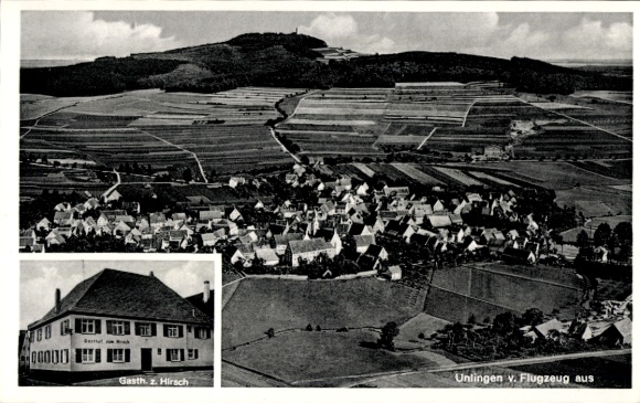 Postcard Unlingen in Upper Swabia Württemberg, aerial photograph, Gasth. z. Hirsch