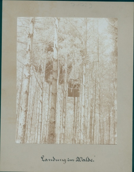 Photo Landing in the forest, hot air balloon and gondola hanging in trees