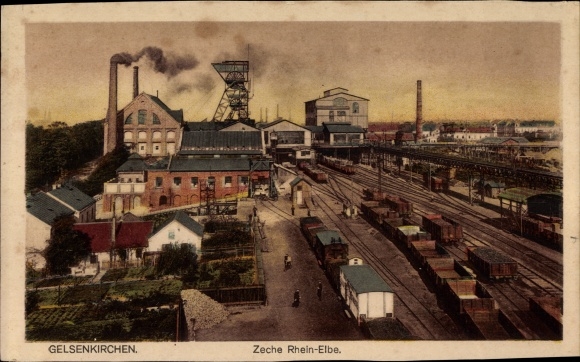 Postcard Gelsenkirchen in the Ruhr area, Rhein Elbe colliery, train station, track side
