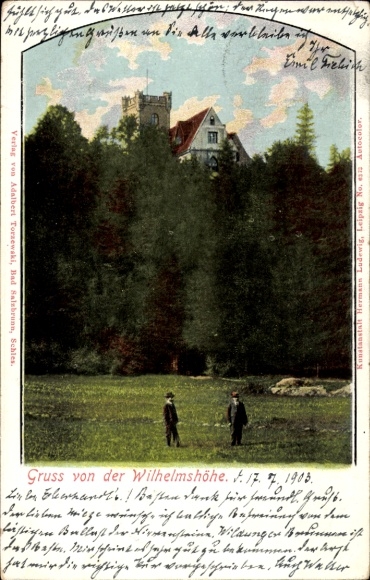 Picture PC Wilhelmshöhe Reinsdorf in Saxony, woman and man outdoors, building in the background, forest, h...
