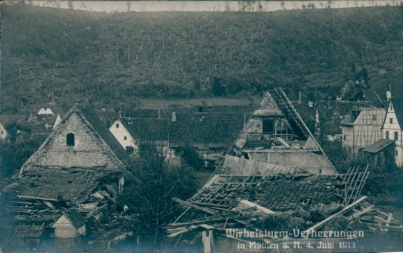 Postcard Mühlen Horb am Neckar, hurricane of June 4, 1913, devastation