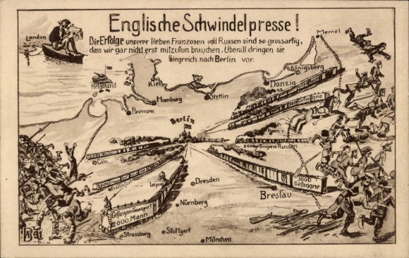 Postcard English fraudulent press, fleeing soldiers, map