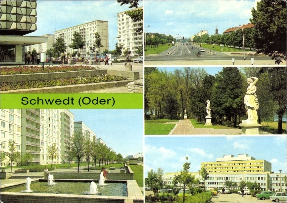Postcard Schwedt an der Oder, Liberation Square, Leninallee, Park am Kulturhaus, hospital