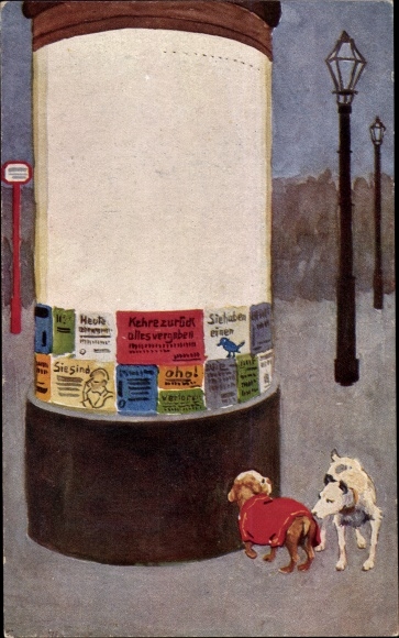 Künstler Ak Sommaville, Rendez vous, Hunde vor einer Litfaßsäule