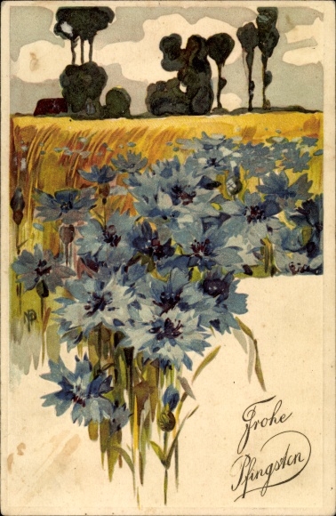 Artist embossed PC congratulations Pentecost, field of flowers