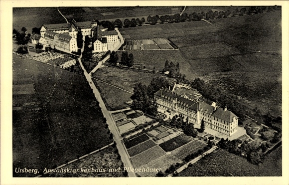 Ak Ursberg in Schwaben, Luftaufnahme von  Anstaltskrankenhaus, Pflegehäuser, Felder