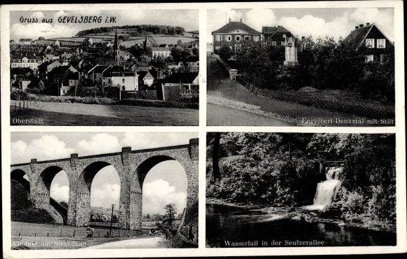 Ak Gevelsberg in het Ruhrgebied, Engelbert-monument met pen, zuchtgang, viaduct, bovenstad