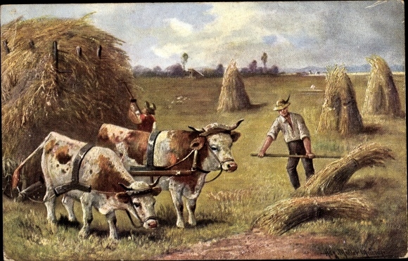 Artist PC Müller, August, farmer harvesting hay, cattle cart