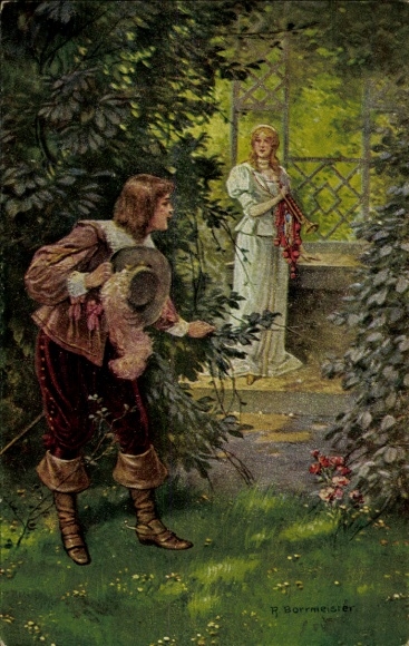 Artist Postcard Borrmeister, R., Surprise, Man hidden in the garden, Visit