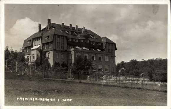 Ak Friedrichsbrunn Thale im Harz, Historisches Gebäude, Waldlandschaft, Schwarze Wolken, 