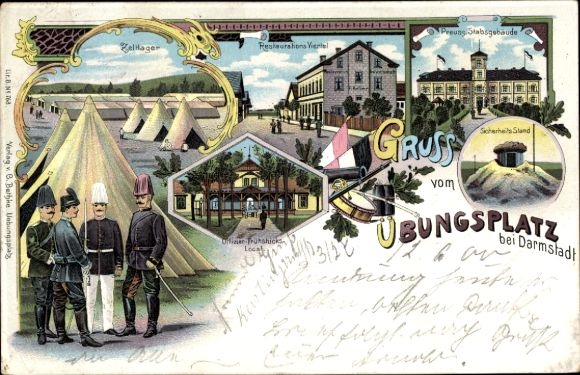 Chromo-Litho Darmstadt in Hesse, military training area, Prussian headquarters building, tent camp, restaurant