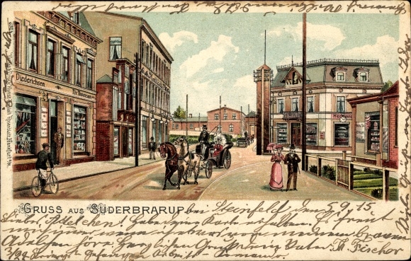 Litho Süderbrarup in Sleeswijk-Holstein, straatgedeelte, winkels Diederichsen, Th.Thomsen