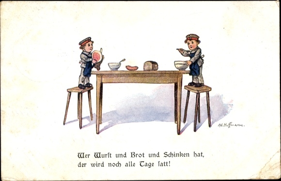 Artist Postcard Hoffmann, Boys Eating in Uniform, Whoever has Sausage and Bread and Ham