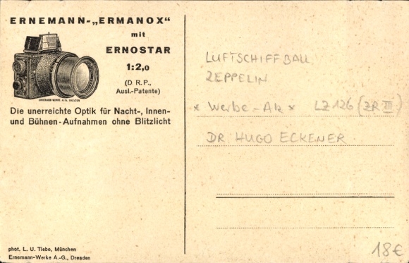 Postcard Dr. Eckener on the trip to America, Ernemann-Ermanox advertising