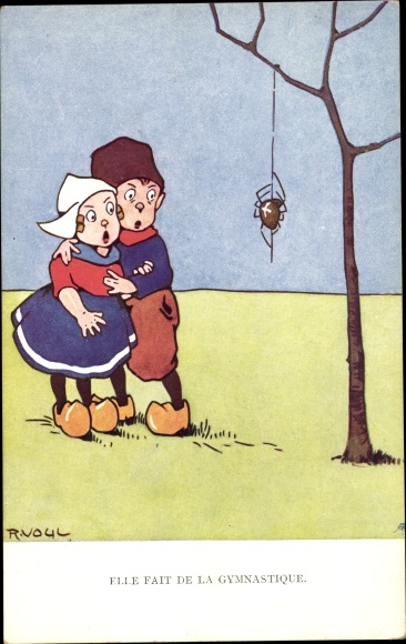 Artist PC Voul, R., Elle Fait de la Gymnastique, lovers in costume, spider, Munk 716