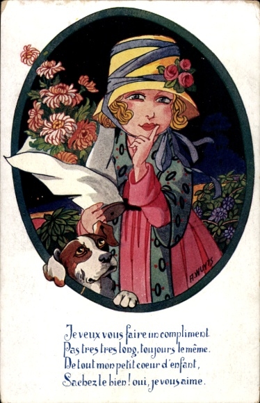 Artist Postcard Wuyts, A., Girl with bouquet of flowers, dog