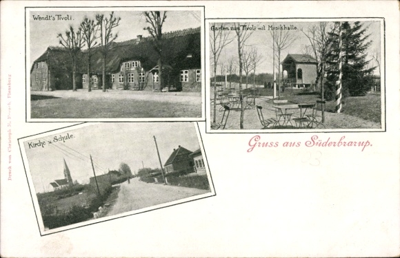 Ak Süderbrarup in de visserij, Tivoli herberg, kerk, school
