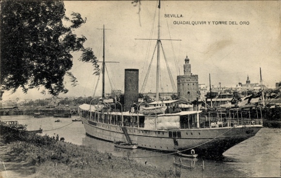 Postcard Seville Andalusia, Guadalquivir, Golden Tower, Steamer