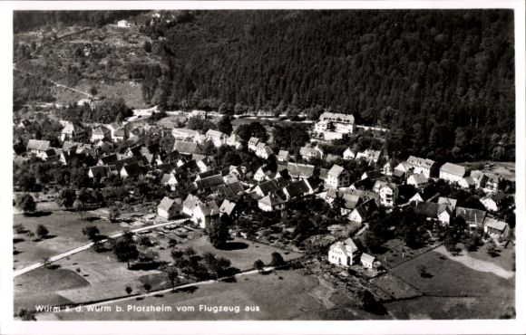 Postcard Pforzheim in the Black Forest, aerial view of a village, houses, trees, landscape