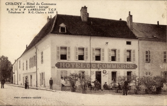 Ak Chagny Saône et Loire, Hôtel du Commerce, Teut confort Garage, Telefon 14, R.C. Chalon