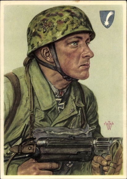 Artist PC Willrich, Wolfgang, Feldwebel Helmut Arpke, recipient of the Knight&#39;s Cross, machine gun, VDA