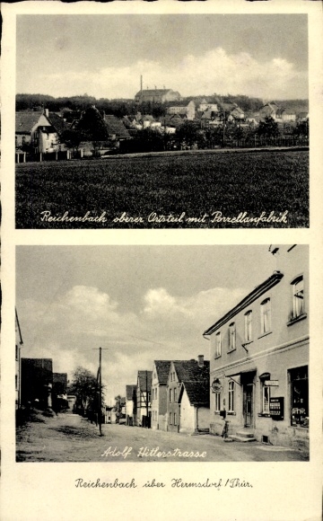 Postcard Reichenbach in Thuringia, Upper District, Porcelain Factory, Adolf Hitler Street
