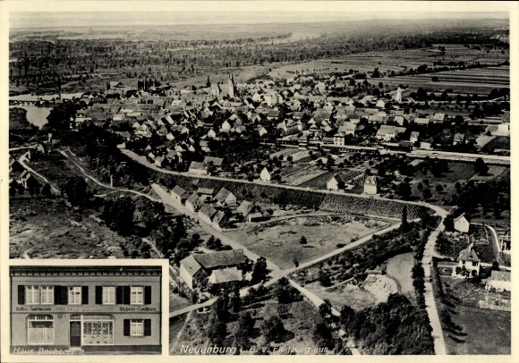 Postcard Neuenburg am Rhein Baden, aerial photograph, bakery confectionery cafe Josef Becherer