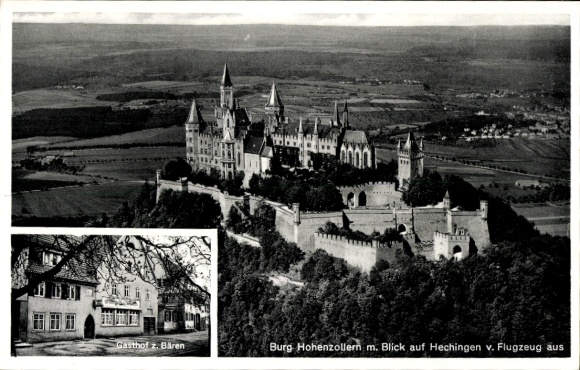 Postcard Hechingen in the Zollernalb district, Hohenzollern Castle, aerial photograph, Gasthof z. Bären