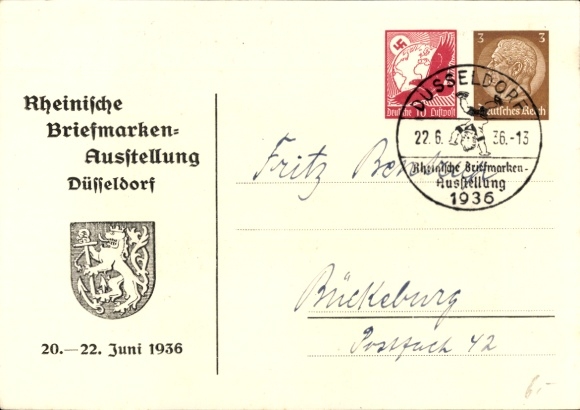 Kunstenaar Ak Peters, P., Düsseldorf am Rhein, postzegeltentoonstelling 1936, luchtpost, HE 36
