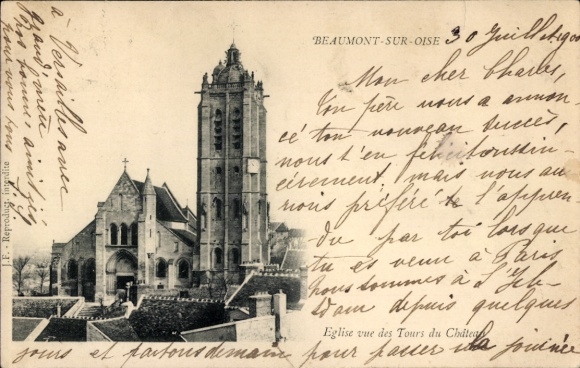 CPA Beaumont-sur-Oise, Val d'Oise, Église vue des Tours du Château