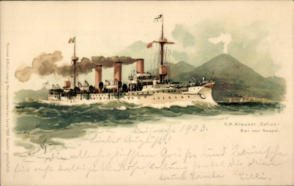 Kunstenaar litho Bohrdt, Hans, Napoli Napels Campania, Duits oorlogsschip, SMS Gefion, kruiser
