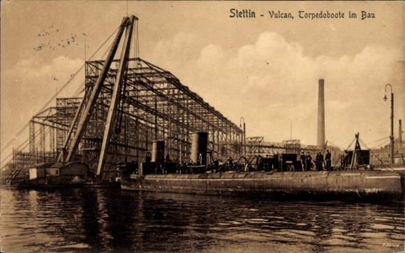 Postcard Szczecin Stettin Pomerania, Vulcan, shipyard, torpedo boats under construction