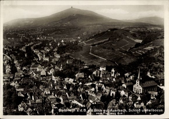 Postcard Bensheim on the Bergstraße Hesse, view of Auerbach, Melibocus Castle, city view Flugze