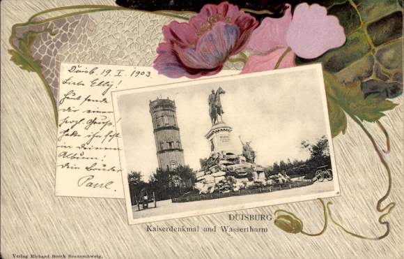 Embossed Passepartout Postcard Duisburg in the Ruhr area, Kaiserdenkmal and water tower