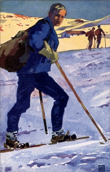 Kunstenaar Ak bij het doel, bergbeklimmer, skiër
