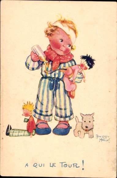 Artist Postcard Mallet, Beatrice, child with dolls, dog, cough syrup,Comite National de l'Enfance