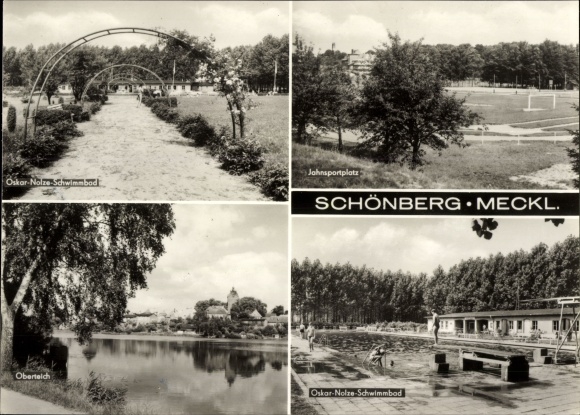 Postcard Schönberg in Mecklenburg, Oskar-Nolze swimming pool, Jahnsportplatz, Oberteich