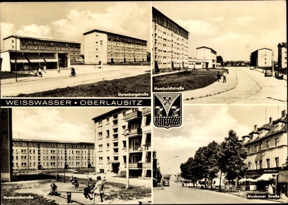 Postcard Weißwasser in Oberlausitz, Muskauer Strasse, Humboldtstrasse, Gutenbergstrasse, playground