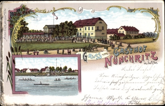 Chromo-Litho Nünchritz on the Elbe, inn, rowing boats on the river