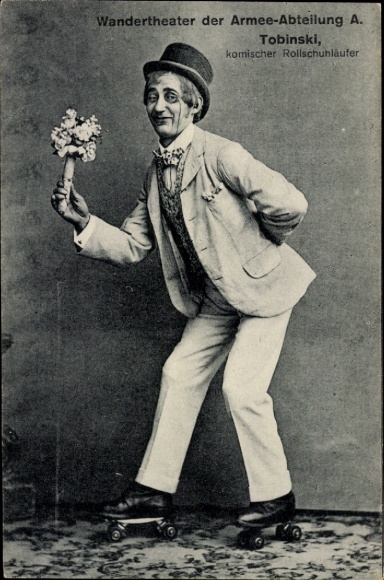 Postcard traveling theater of the Army Department A, Tobinski, funny roller skater