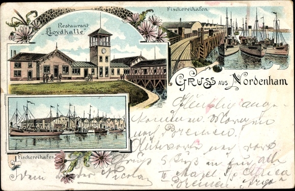 Postcard Nordenham in Oldenburg Lower Saxony, Restaurant Lloydhalle, fishing port