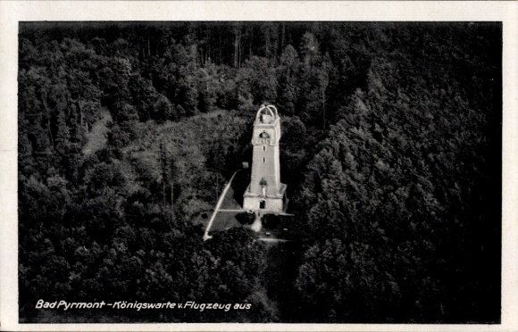 Postcard Bad Pyrmont in Lower Saxony, aerial photograph of the Königswarte, surrounded by trees, from 1942