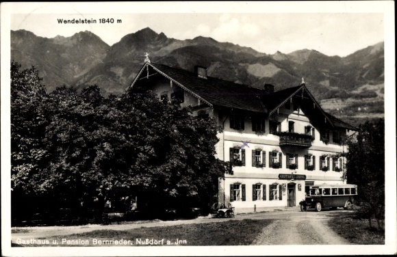 Postcard Nußdorf am Inn Oberbayern, inn and pension Bernrieder, to the Sappl, bus