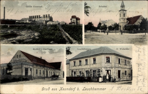 Postcard Naundorf Lauchhammer in Niederlausitz, commercial building E. Wolschke, guest house Redlich, Grube