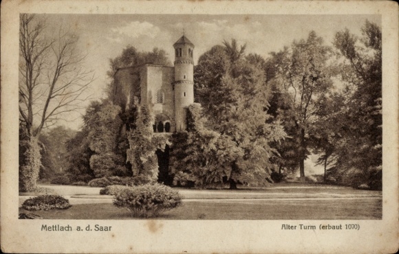Postcard Mettlach in Saarland, old tower, park, trees, historical architecture, landscape
