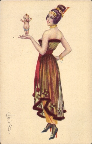 Artist Postcard Colombo, E., woman with baby in hand, dress, headdress